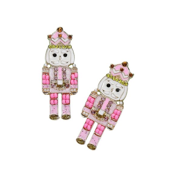 Rhinestone Enamel Painted Metal Soldier Nutcracker Pink Christmas Earrings - Picture 2 of 2
